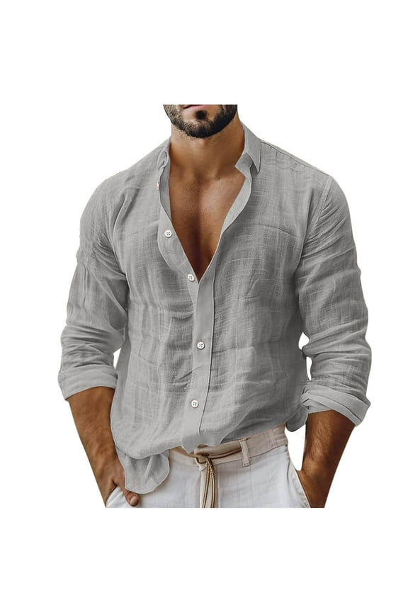 George Men Linen Blend Shirt Long Sleeve Button Down Open Collar Soft Breathable Lightweight Blouses,Gray,M