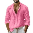 thumbnail image 1 of GuangCheng George Men Linen Blend Shirt Long Sleeve Button Down Open Collar Soft Breathable Lightweight Blouses,Pink,XL, 1 of 6