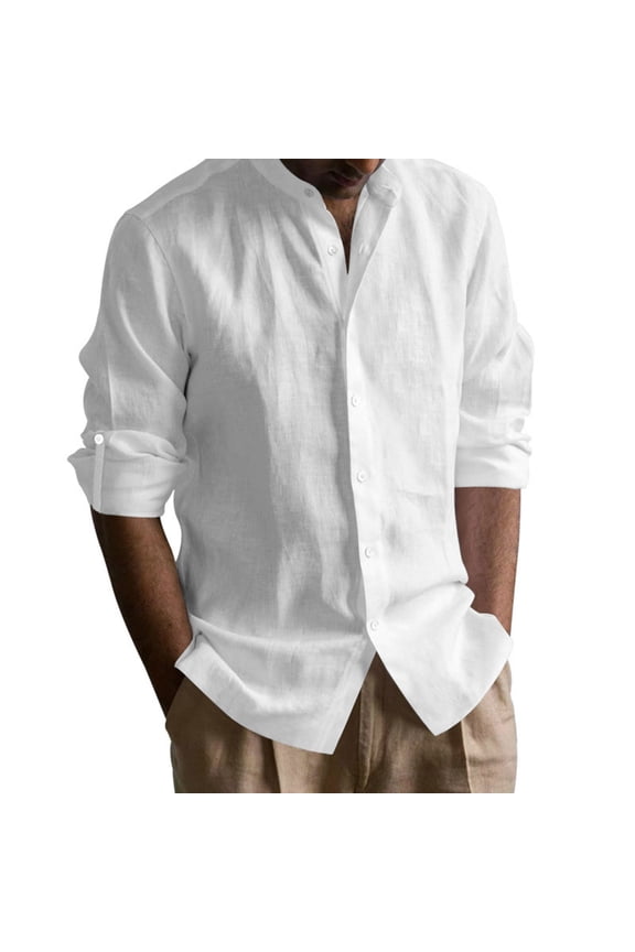 George Men Linen Button Down Shirt Long Sleeve Lightweight Breathable Soft Casual Comfort Roll Up Sleeve Blouses,White,3XL
