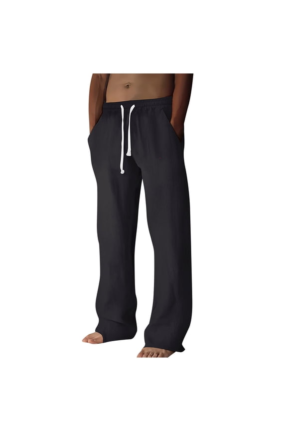 George Men Linen Casual Pants Elastic Waist Drawstring Loose Fit Breathable Lightweight Comfortable Lounge Trousers,Size:2XL