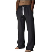 GuangCheng George Men Linen Casual Pants Elastic Waist Drawstring Loose Fit Breathable Lightweight Comfortable Lounge Trousers,Size2XL
