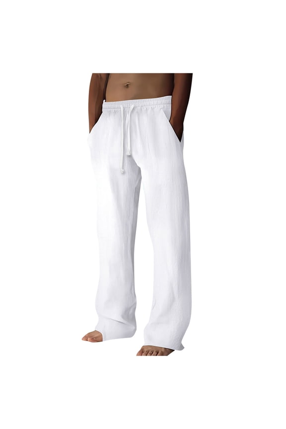 George Men Linen Casual Pants Elastic Waist Drawstring Loose Fit Breathable Lightweight Comfortable Lounge Trousers,Size:3XL