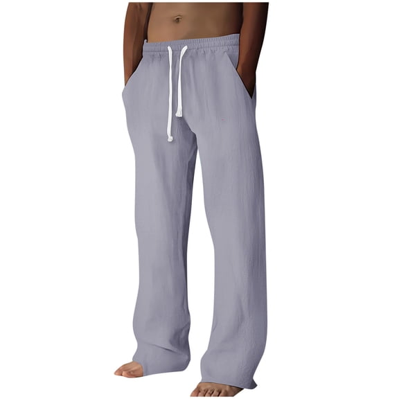 GuangCheng George Men Linen Casual Pants Elastic Waist Drawstring Loose Fit Breathable Lightweight Comfortable Lounge Trousers,Size:L