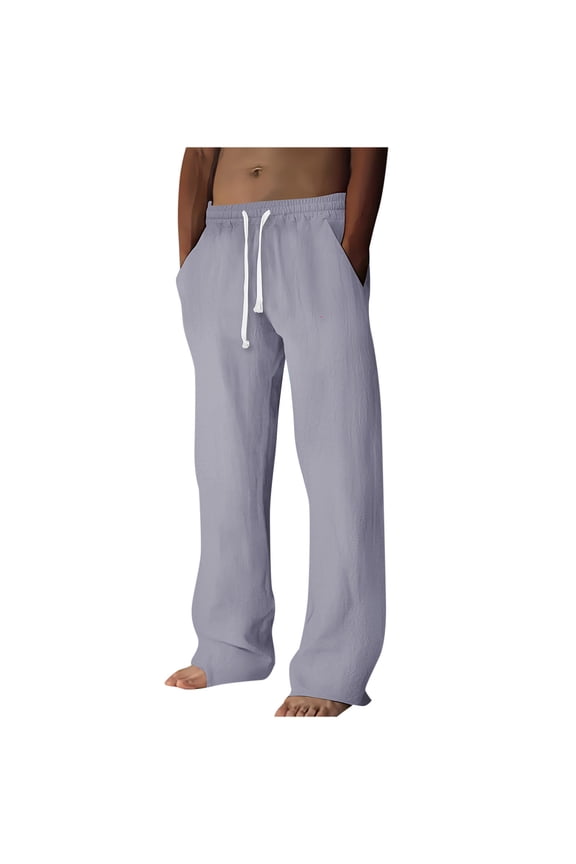 George Men Linen Casual Pants Elastic Waist Drawstring Loose Fit Breathable Lightweight Comfortable Lounge Trousers,Size:L