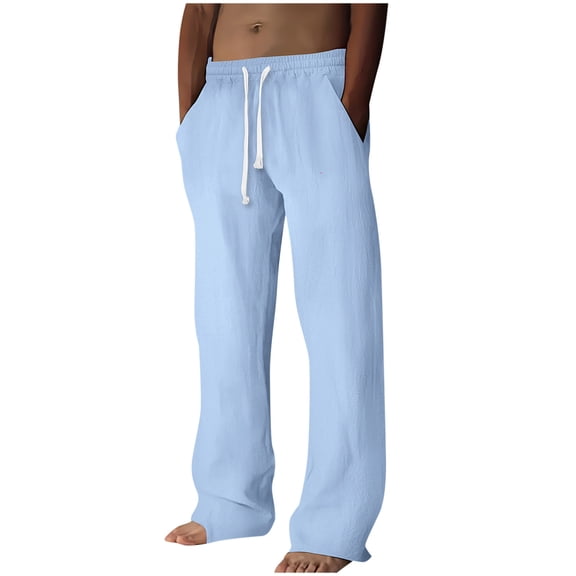 GuangCheng George Men Linen Casual Pants Elastic Waist Drawstring Loose Fit Breathable Lightweight Comfortable Lounge Trousers,Size:M