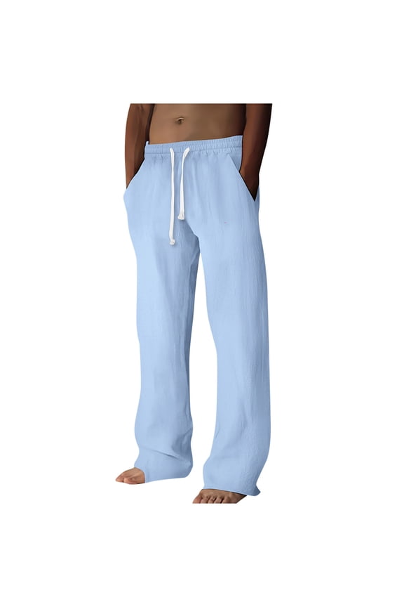 George Men Linen Casual Pants Elastic Waist Drawstring Loose Fit Breathable Lightweight Comfortable Lounge Trousers,Size:M