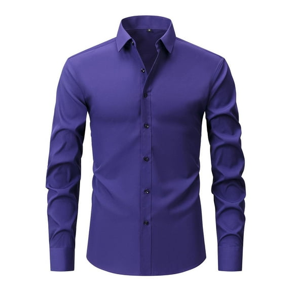 GuangCheng George Men Long Sleeve Dress Shirt Wrinkle Resistant Slim Fit Button Down Stretch Comfort Tops,Dark Purple,3XL