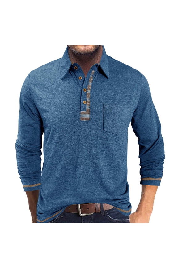 George Men Long Sleeve Dress Shirts Contrast Placket Detail Chest Pocket Soft Heathered Knit Tops,Blue,XL