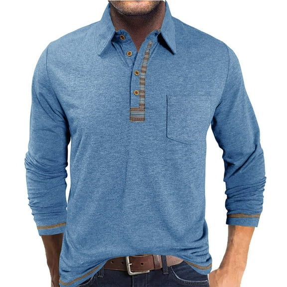 GuangCheng George Men Long Sleeve Dress Shirts Contrast Placket Detail Chest Pocket Soft Heathered Knit Tops,Light Blue,L