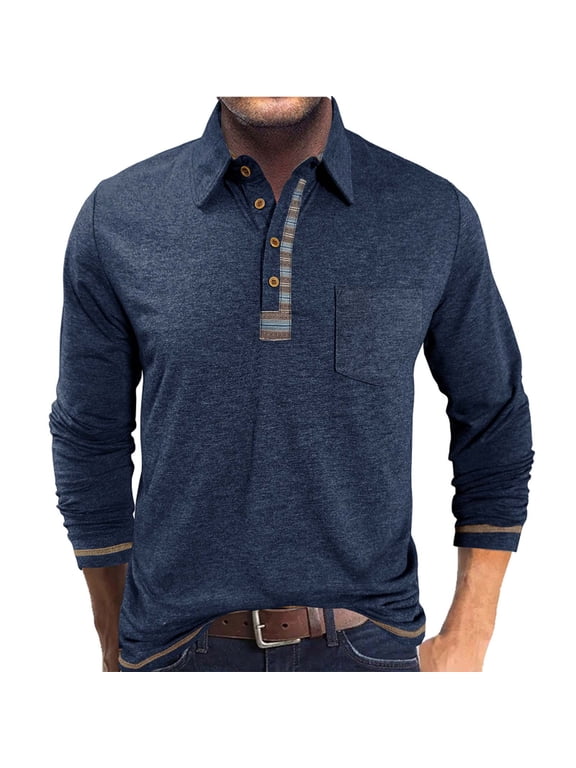 Men Long Sleeve Dress Shirts Contrast Placket Detail Chest Pocket Soft Heathered Knit Tops,Navy,XL