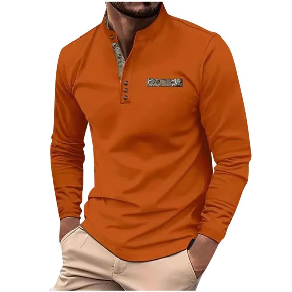 ZHYou Men Long Sleeve Henley Shirt Contrast Inner Placket Chest Pocket Slim Fit Dress Tops,Orange,XL
