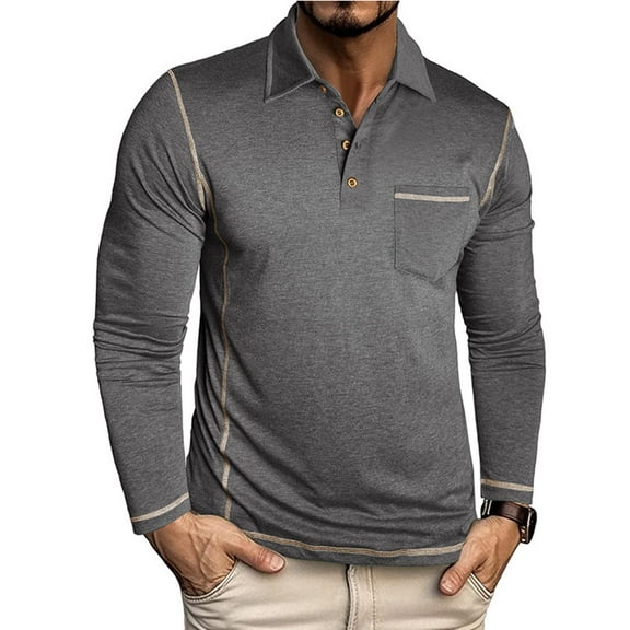 GuangCheng George Men Long Sleeve Henly Shirts Contrast Stitch Detail Chest Pocket Soft Comfort Casual Breathable Blouses,Dark Gray,3XL