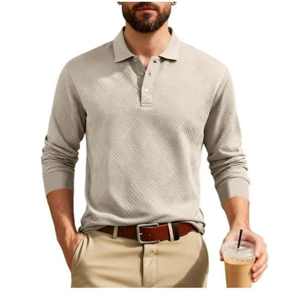 GuangCheng George Men Long Sleeve Textured Shirts Subtle Geometric Pattern Soft Comfort Casual Breathable Versatile Wardrobe Staple Dress Shirts,Khaki,XS