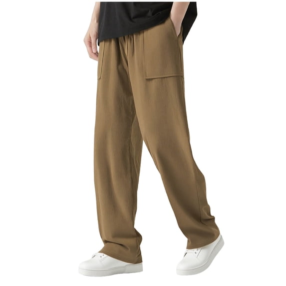 GuangCheng George Men Loose Fit Linen Blend Wide Leg Pants Elastic Drawstring Waist Breathable Comfortable Casual Trousers,Size:S