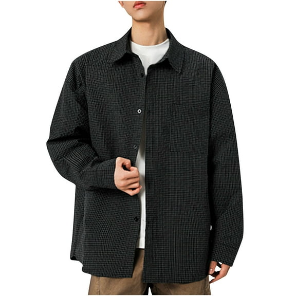 GuangCheng George Men Oversized Checkered Button Up Shirts Long Sleeve Classic Collar Chest Pocket Soft Casual Workwear Tops,Black,L