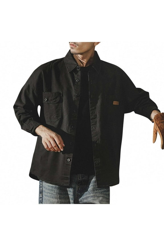 Men Oversized Utility Shirts Jackets Heavyweight Canvas Chest Pockets Leather Patch Button Front Casual Workwear Tops,Black,M