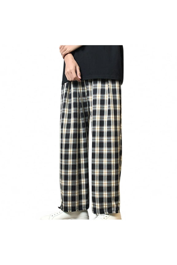 George Men Plaid Checkered Lounge Pants Loose Fit Elastic Drawstring Waist Comfortable Casual Wide Leg Trousers,Size:L