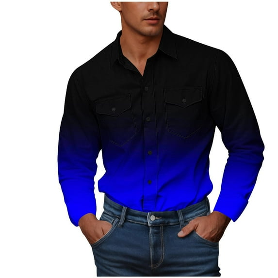 GuangCheng George Men Shirts Gradient Dip Dye Long Sleeve Button Up Blouses Casual Slim Fit Chest Pockets Stylish Denim Western Top,Blue,2XL