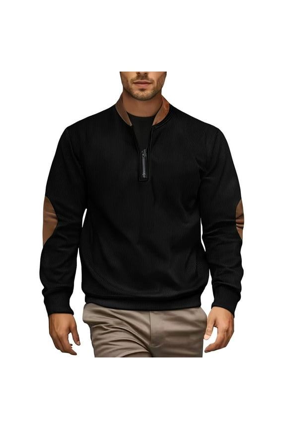 George Men Shirts Textured Stripe Quarter Zip Pullover Elbow Patch Detail Soft Warm Casual Comfort Stylish Blouses,Black,L