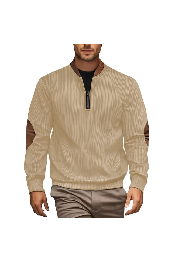 George Men Shirts Textured Stripe Quarter Zip Pullover Elbow Patch Detail Soft Warm Casual Comfort Stylish Blouses,Khaki,M