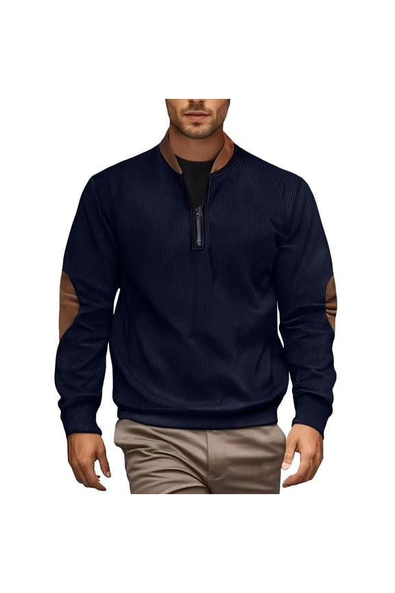 George Men Shirts Textured Stripe Quarter Zip Pullover Elbow Patch Detail Soft Warm Casual Comfort Stylish Blouses,Navy,S