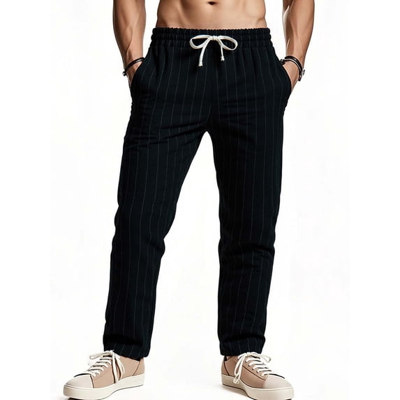 GuangCheng George Men Striped Linen Blend Pants Elastic Drawstring Waist Loose Fit Breathable Casual Comfort Lounge Trousers,Size:3XL