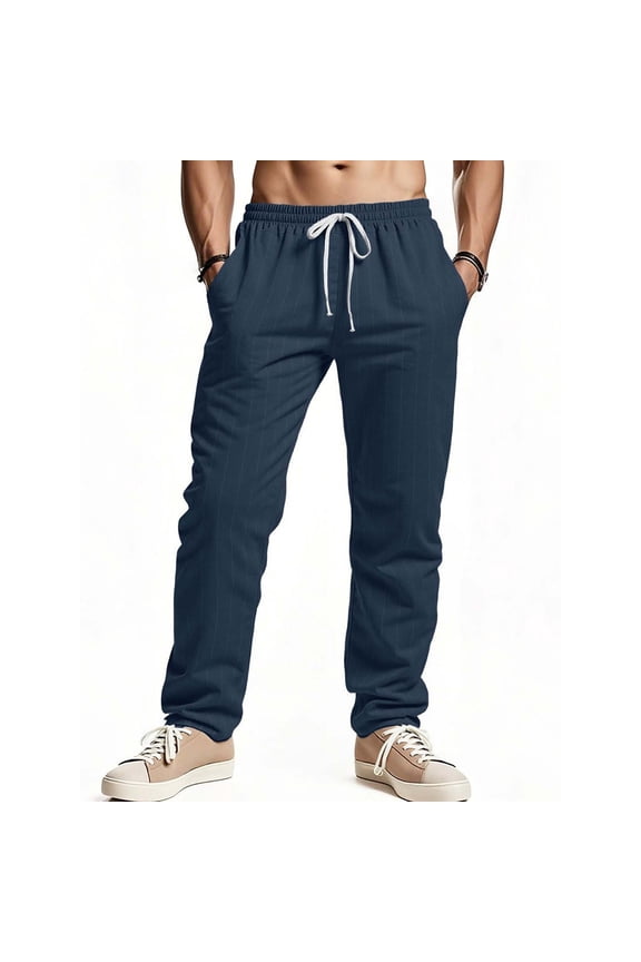 George Men Striped Linen Blend Pants Elastic Drawstring Waist Loose Fit Breathable Casual Comfort Lounge Trousers,Size:M