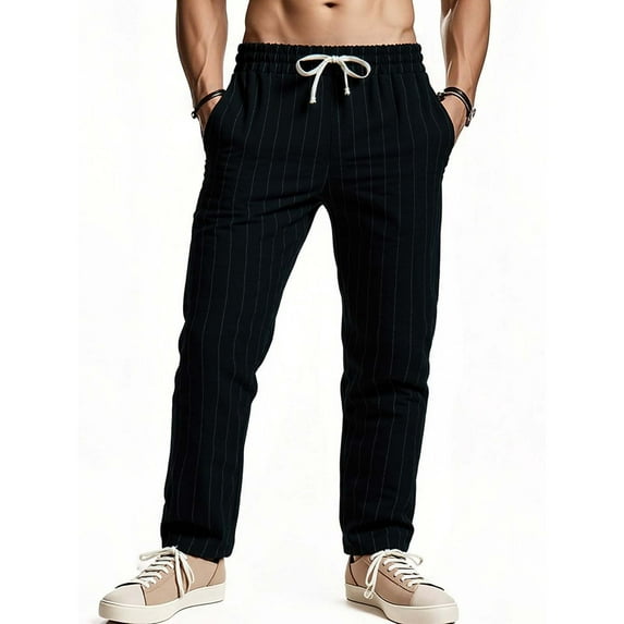 GuangCheng George Men Striped Linen Blend Pants Elastic Drawstring Waist Loose Fit Breathable Casual Comfort Lounge Trousers,Size:S