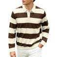 thumbnail image 1 of GuangCheng George Men Striped Rugby Shirts Long Sleeve Classic Collar Button Placket Contrast Horizontal Stripes Casual Comfort Tops,Brown,L, 1 of 9