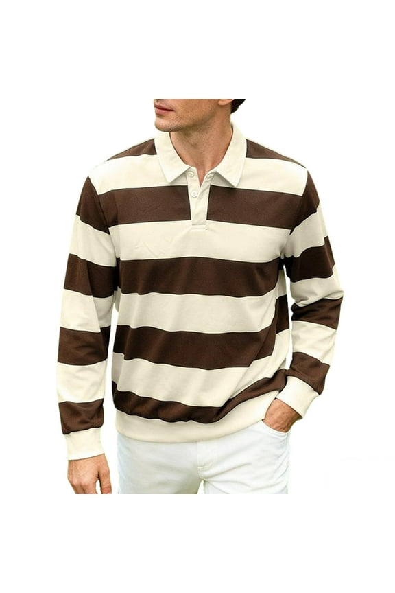 George Men Striped Rugby Shirts Long Sleeve Classic Collar Button Placket Contrast Horizontal Stripes Casual Comfort Tops,Brown,L