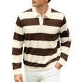 thumbnail image 1 of GuangCheng George Men Striped Rugby Shirts Long Sleeve Classic Collar Button Placket Contrast Horizontal Stripes Casual Comfort Tops,Brown,S, 1 of 9