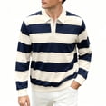 thumbnail image 1 of GuangCheng George Men Striped Rugby Shirts Long Sleeve Classic Collar Button Placket Contrast Horizontal Stripes Casual Comfort Tops,Navy,M, 1 of 9