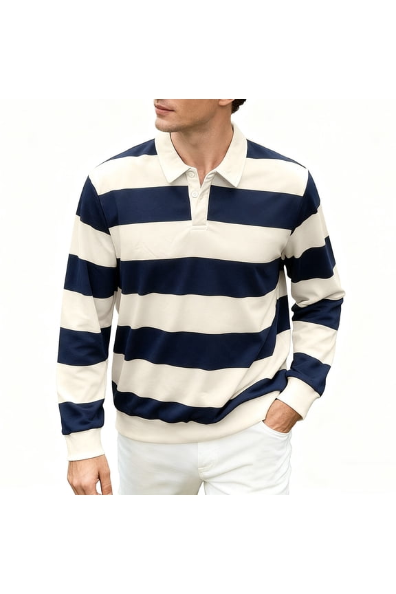 George Men Striped Rugby Shirts Long Sleeve Classic Collar Button Placket Contrast Horizontal Stripes Casual Comfort Tops,Navy,M