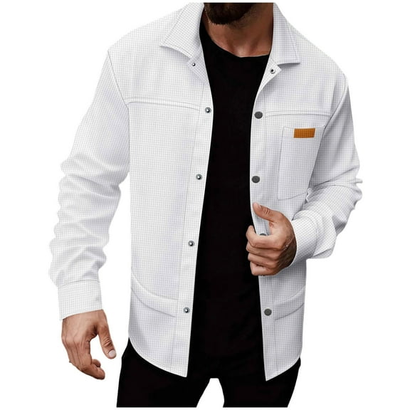GuangCheng George Men Textured Button Up Shirt Jacket Chest Pocket with Label Patch Long Sleeve Casual Layering Overshirts,White,M
