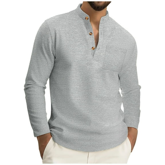 GuangCheng George Men Textured Henley T-Shirt Long Sleeve Stand Collar Button Placket Chest Pocket Slim Fit Casual Stretch Shirts,Gray,L