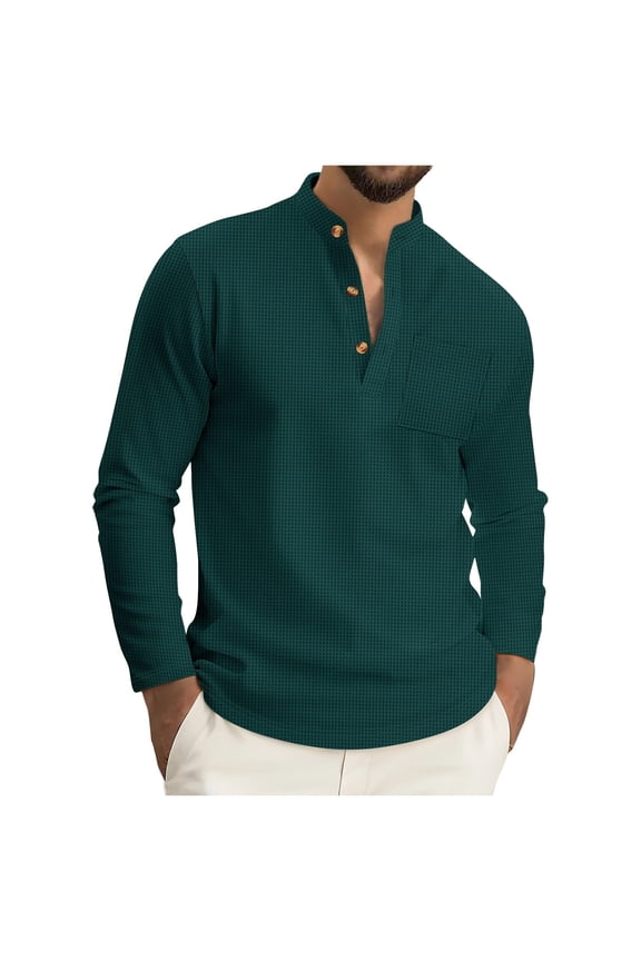 George Men Textured Henley T-Shirt Long Sleeve Stand Collar Button Placket Chest Pocket Slim Fit Casual Stretch Shirts,Green,L