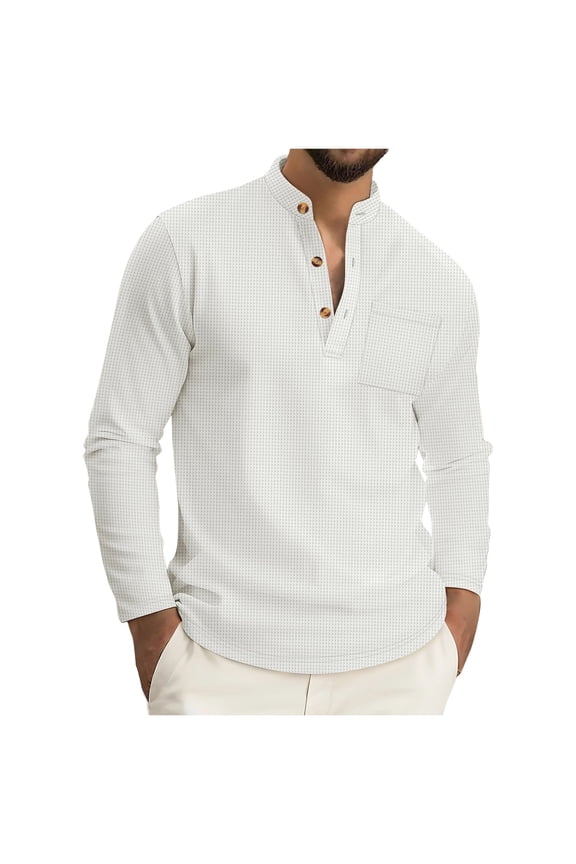 George Men Textured Henley T-Shirt Long Sleeve Stand Collar Button Placket Chest Pocket Slim Fit Casual Stretch Shirts,White,L