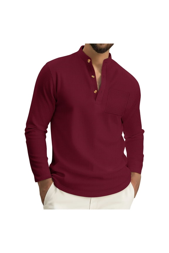 George Men Textured Henley T-Shirt Long Sleeve Stand Collar Button Placket Chest Pocket Slim Fit Casual Stretch Shirts,Wine,2XL