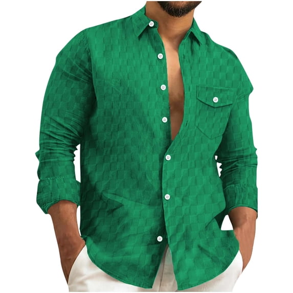 GuangCheng George Men Textured Long Sleeve Button Down Shirts Chest Pocket Casual Breathable Blouses,Army Green,3XL