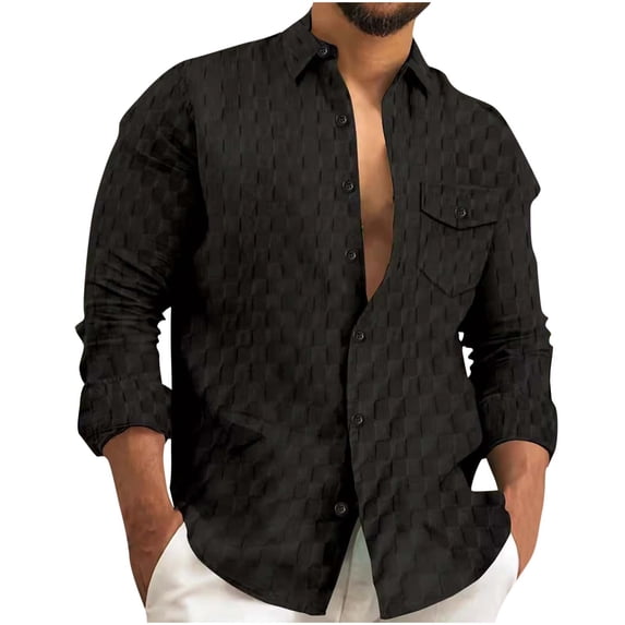 GuangCheng George Men Textured Long Sleeve Button Down Shirts Chest Pocket Casual Breathable Blouses,Black,L