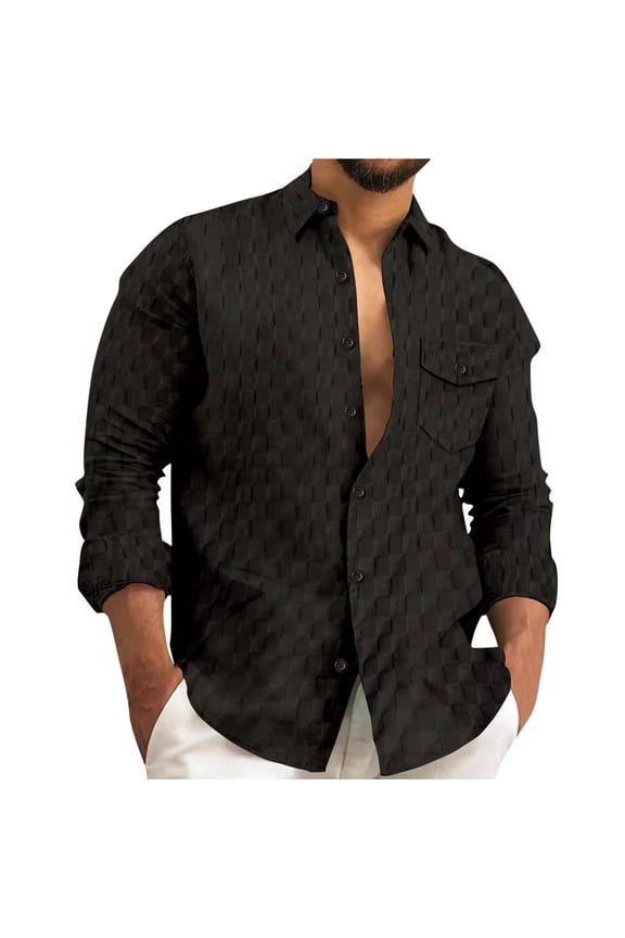 Men Textured Long Sleeve Button Down Shirts Chest Pocket Casual Breathable Blouses,Black,L