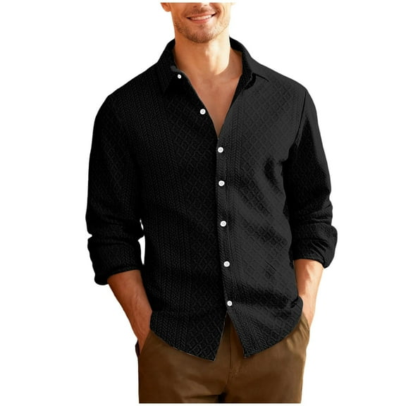 GuangCheng George Men Textured Weave Button Up Shirt Long Sleeve Classic Collar Slim Fit Casual Dress Blouses,Black,XL