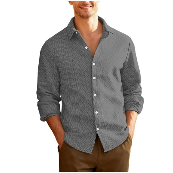 GuangCheng George Men Textured Weave Button Up Shirt Long Sleeve Classic Collar Slim Fit Casual Dress Blouses,Gray,L