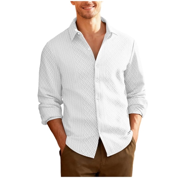 GuangCheng George Men Textured Weave Button Up Shirt Long Sleeve Classic Collar Slim Fit Casual Dress Blouses,White,M