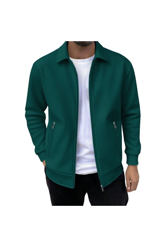 George Men Textured Zip Up Jackets Soft Comfort Casual Outerwear Stand Collar Side Zip Pockets Lightweight Layering Shirts,Green,3XL