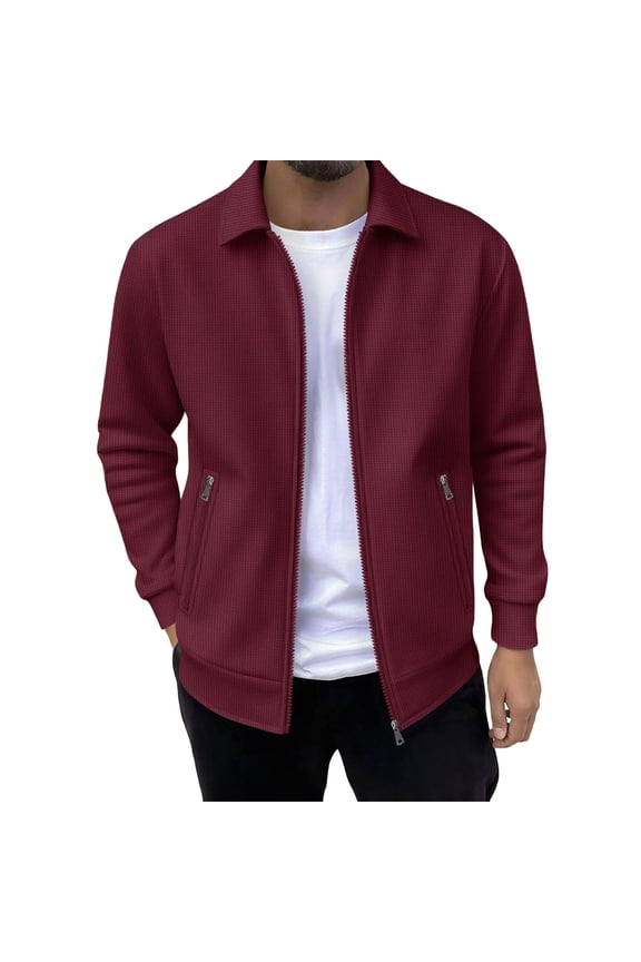 George Men Textured Zip Up Jackets Soft Comfort Casual Outerwear Stand Collar Side Zip Pockets Lightweight Layering Shirts,Wine,3XL