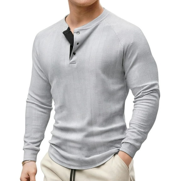 GuangCheng George Men Waffle Knit Henley Shirts,Long Sleeve,Slim Fit,Soft,Breathable,Comfortable,Button Placket,Casual Tees,Gray,Size L