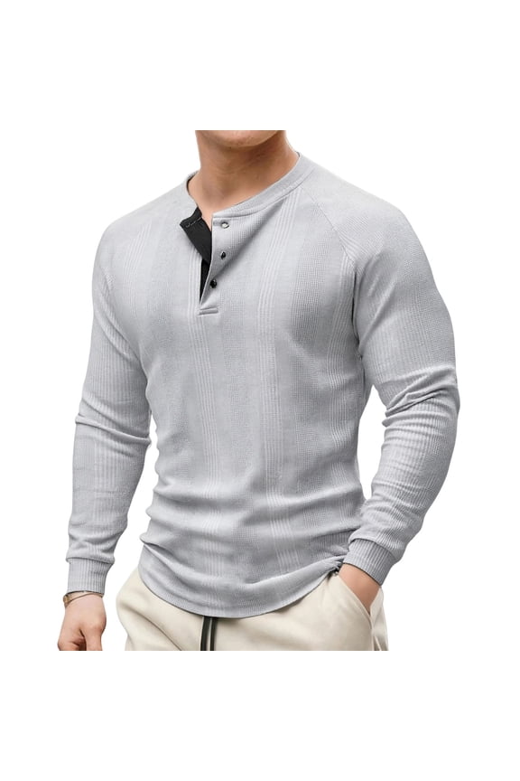 George Men Waffle Knit Henley Shirts,Long Sleeve,Slim Fit,Soft,Breathable,Comfortable,Button Placket,Casual Tees,Gray,Size L