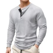 GuangCheng George Men Waffle Knit Henley Shirts,Long Sleeve,Slim Fit,Soft,Breathable,Comfortable,Button Placket,Casual Tees,Gray,Size M