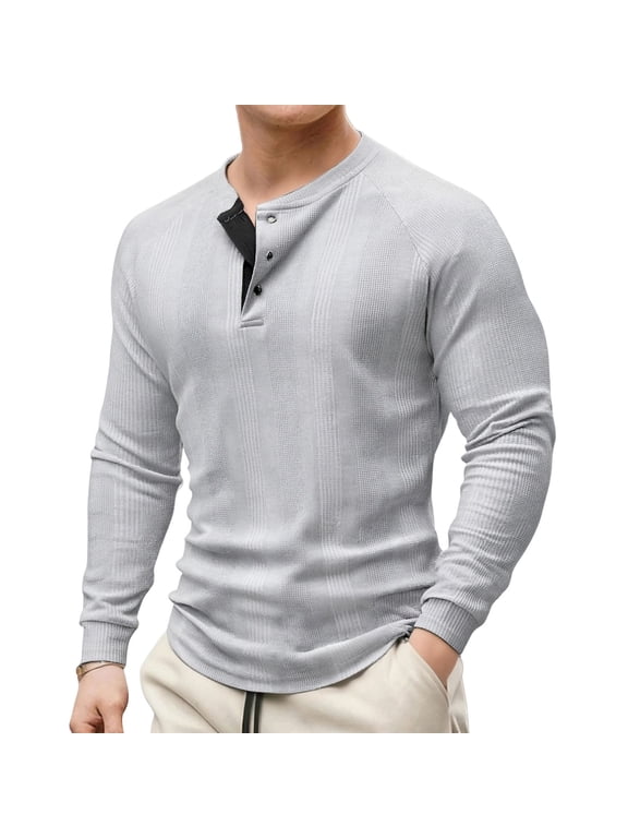 George Men Waffle Knit Henley Shirts,Long Sleeve,Slim Fit,Soft,Breathable,Comfortable,Button Placket,Casual Tees,Gray,Size M